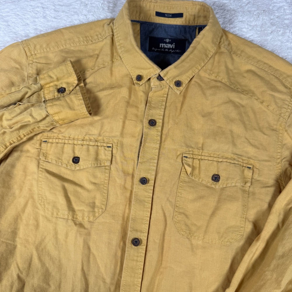 Mavi Slim Button Up Shirt Mens L Yellow Linen 0254320838 L/S Pockets